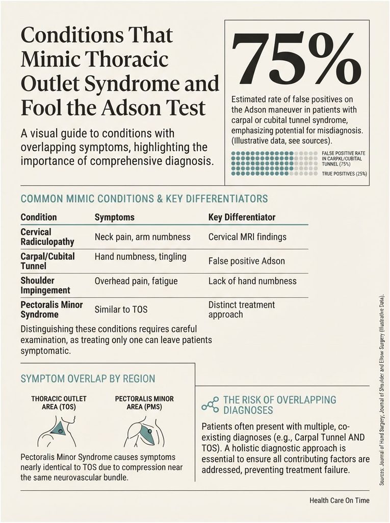 Infographic detailing conditions mimicking thoracic outlet syndrome with symptoms, differentiators, and statistics on false positives.