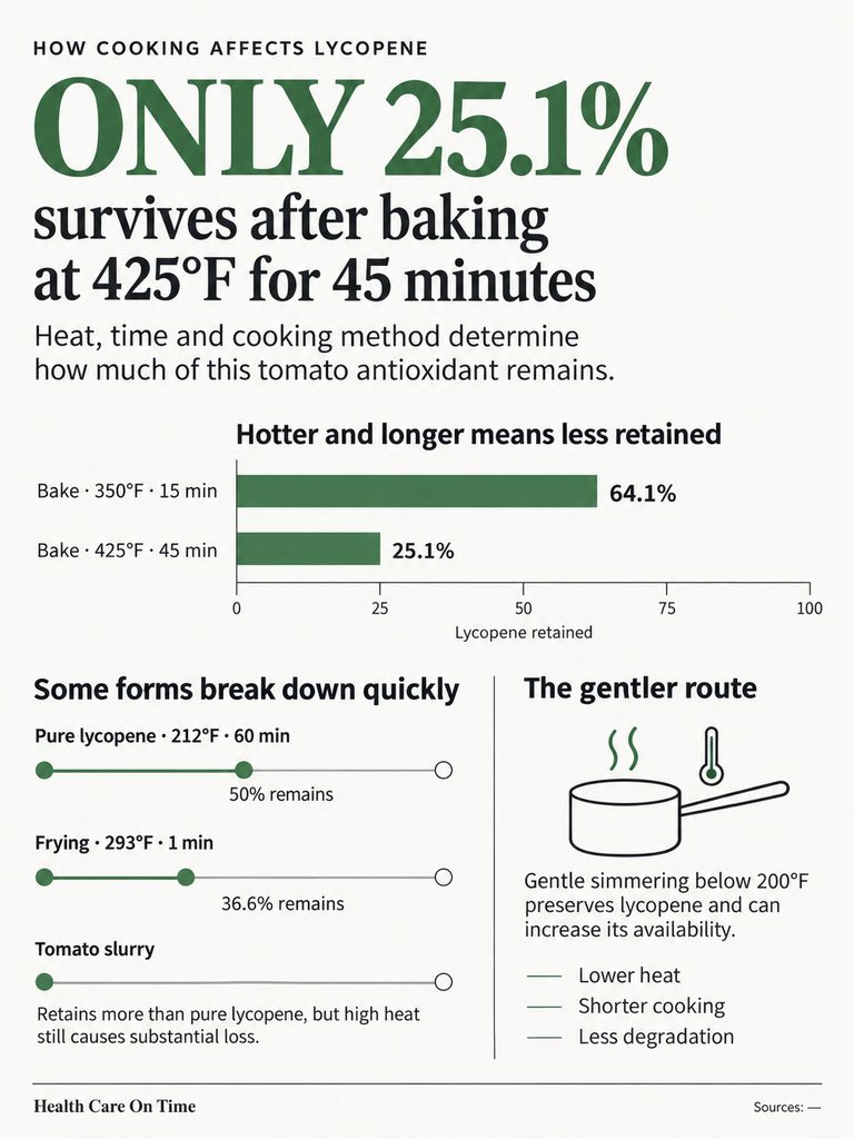 Infographic showing lycopene retention after cooking methods and times, with graphs and statistics on heat effects.