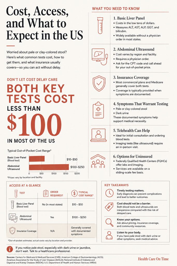 Infographic detailing costs and access for basic liver panel and abdominal ultrasound tests in the US.