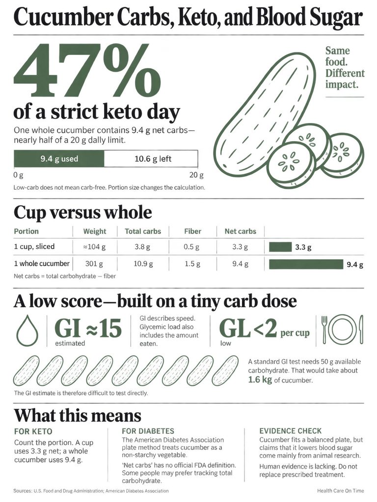 Infographic showing cucumber carb content, keto impact, and blood sugar effects with charts and statistics.