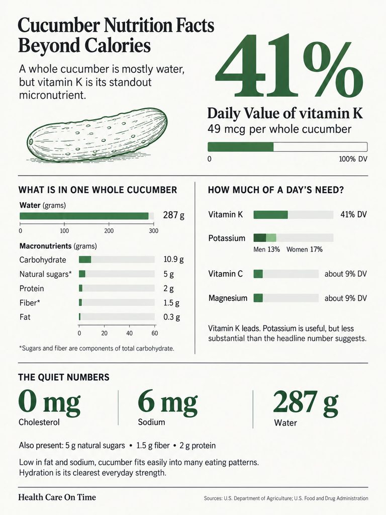 Infographic showing cucumber nutrition facts, highlighting vitamin K, water content, and macronutrients.