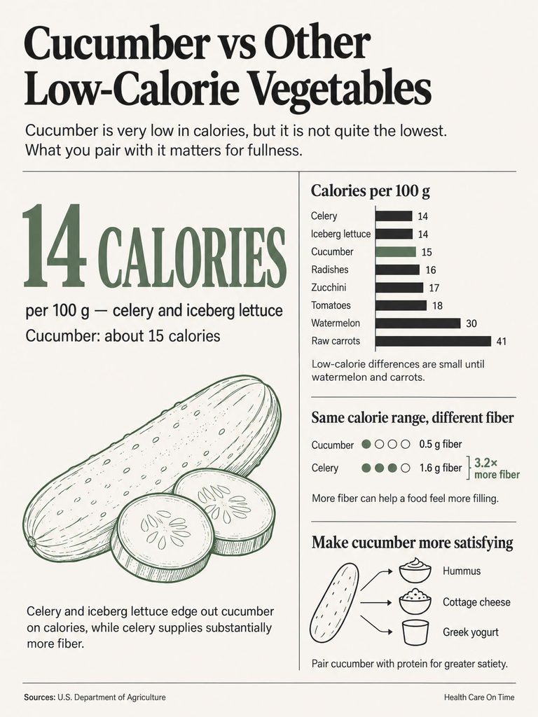 Infographic comparing calories in cucumber, celery, and other low-calorie vegetables with illustrations and data.