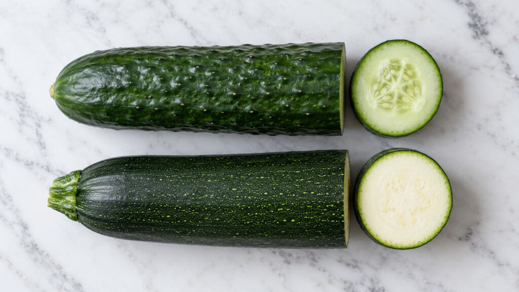 A whole cucumber and a sliced zucchini on a marble surface, showcasing their textures and colors.