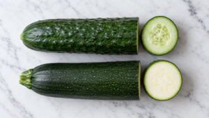 A whole cucumber and a sliced zucchini on a marble surface, showcasing their textures and colors.