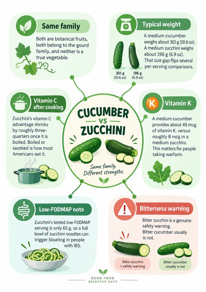 Infographic comparing cucumbers and zucchinis, highlighting weight, vitamins, and cooking notes.