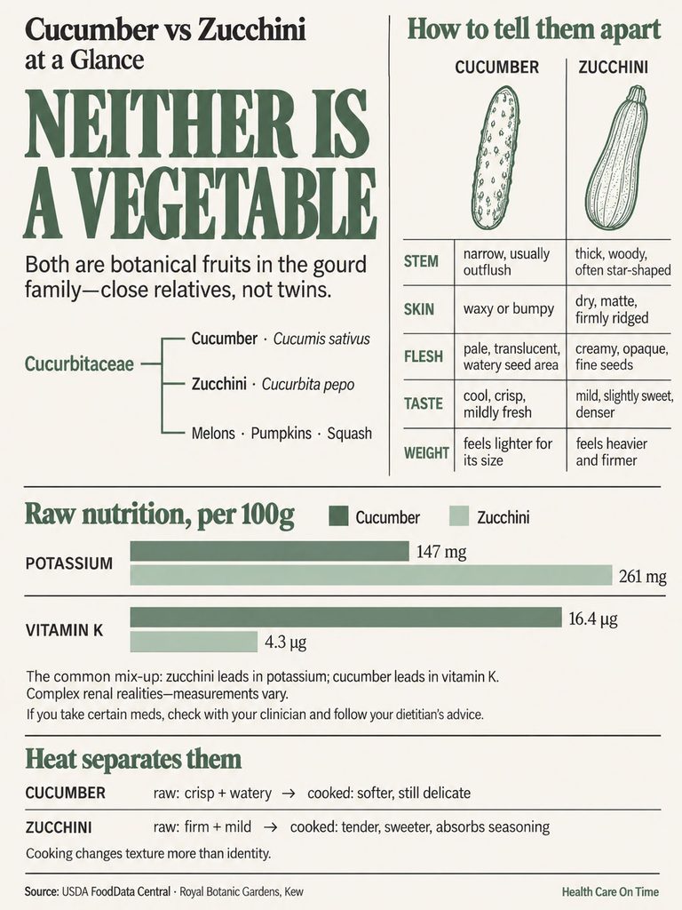 Infographic comparing cucumber and zucchini, detailing characteristics, nutrition, and cooking differences.