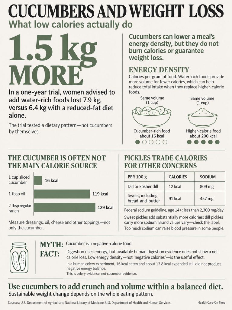 Infographic showing cucumbers' role in weight loss, calorie comparisons, and energy density statistics.