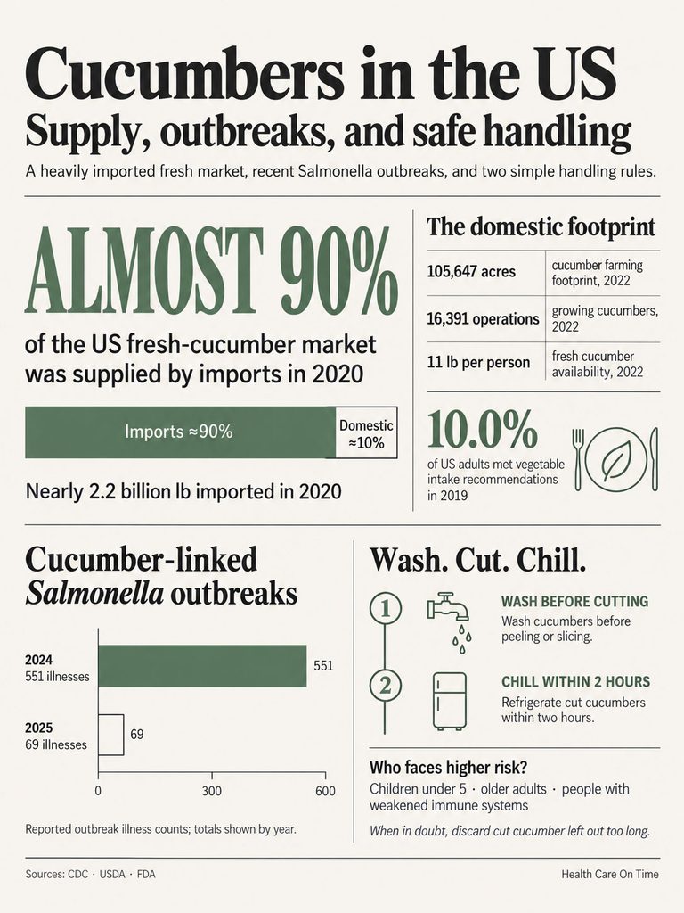 Infographic showing cucumber supply, Salmonella outbreaks, and safe handling tips with statistics and charts.