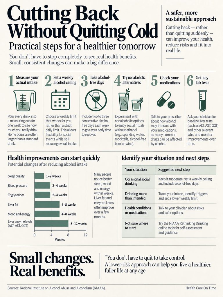 Infographic on reducing alcohol intake with steps and health improvements over time, featuring charts and icons.