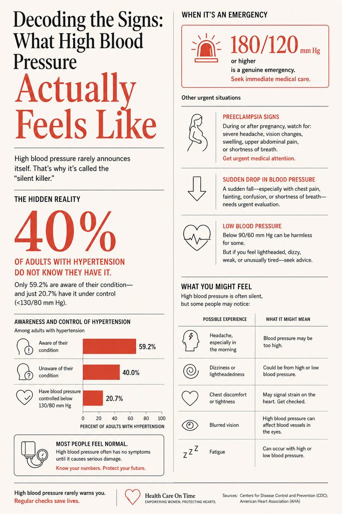 Infographic detailing high blood pressure signs, statistics, and emergency situations, including charts and icons.