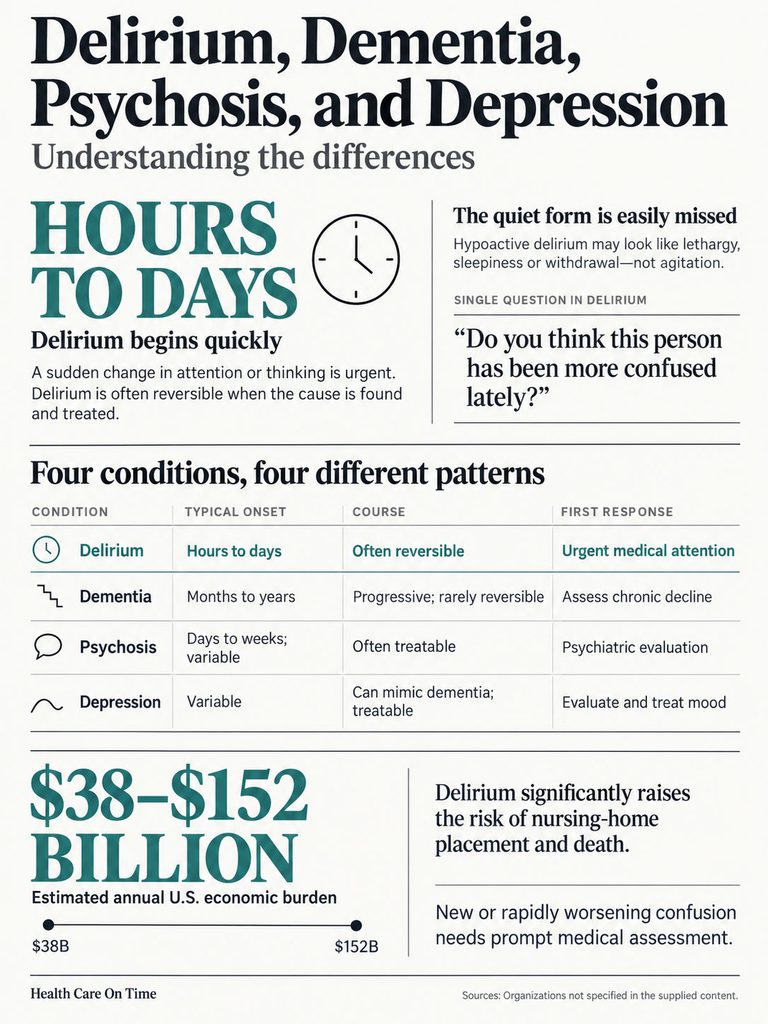 Infographic comparing delirium, dementia, psychosis, and depression with charts and statistics on onset and treatment.
