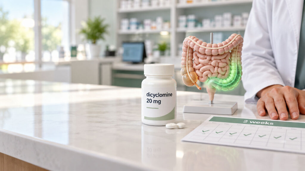 A bottle of dicyclomine 20 mg sits next to a model of intestines and a medication schedule on a pharmacy counter.