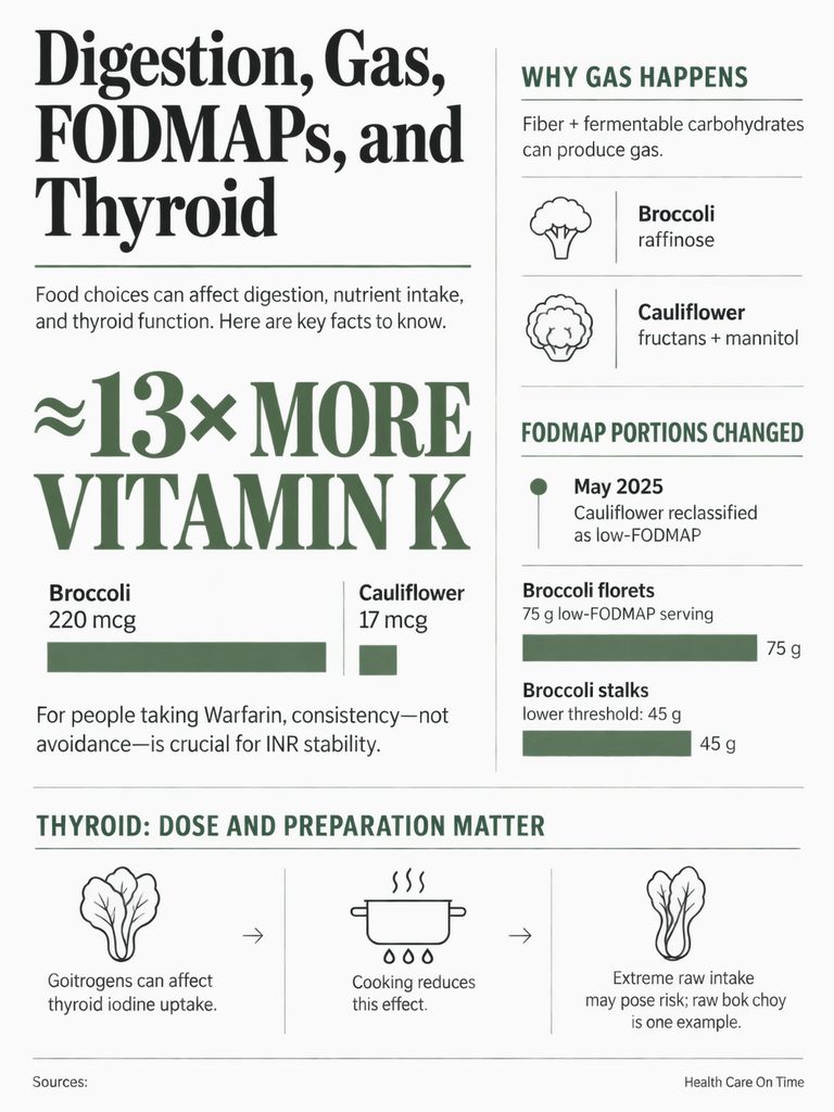 Infographic on digestion, gas, FODMAPs, and thyroid with charts on vitamin K and food portions.