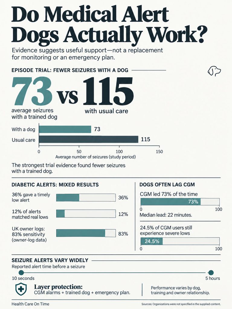 Infographic showing seizure statistics with trained dogs vs. usual care, diabetic alerts, and alert timing data.