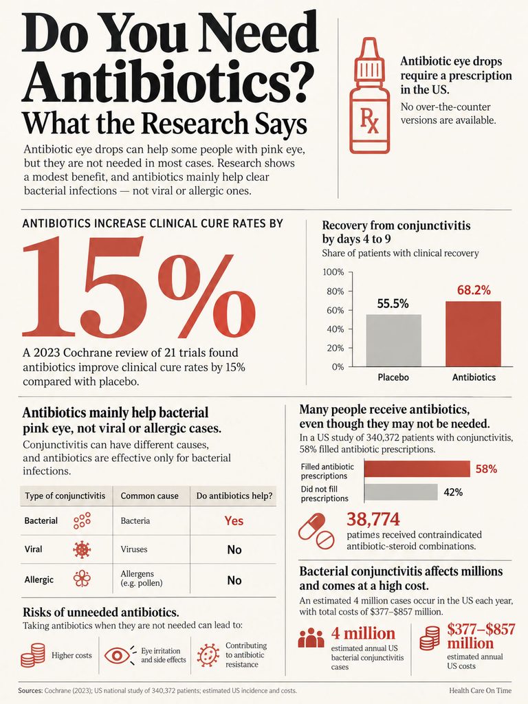 Infographic showing antibiotic effectiveness for conjunctivitis, including statistics and risks of unnecessary prescriptions.