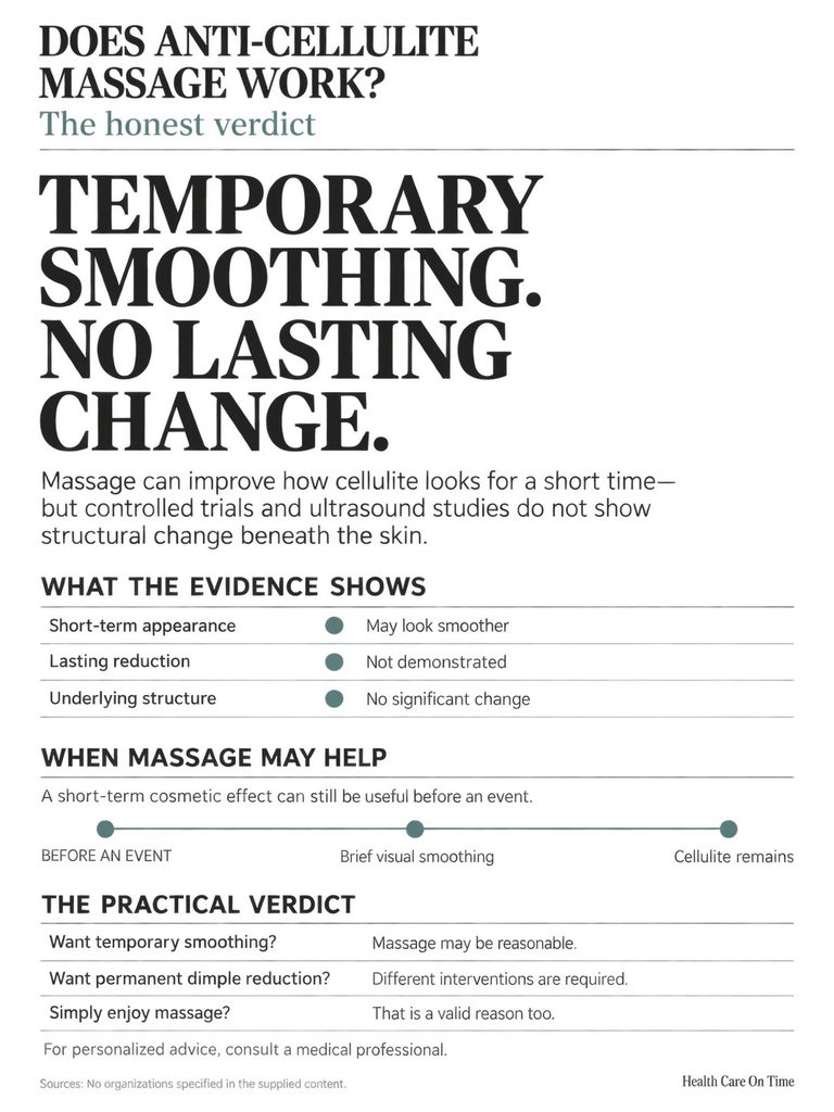 Infographic discussing anti-cellulite massage effectiveness, showing evidence and practical verdicts on temporary smoothing.