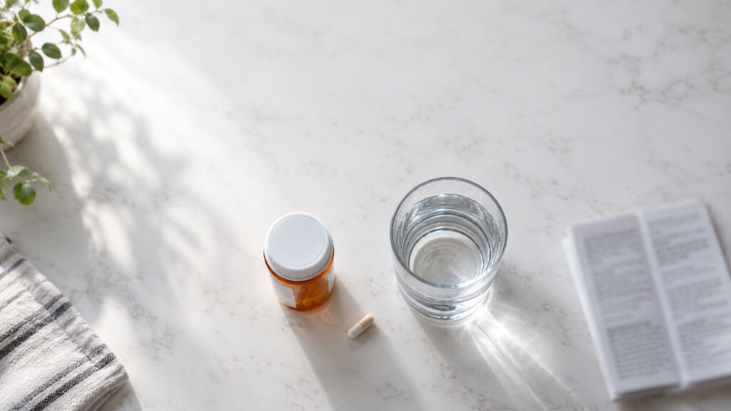 A glass of water, a pill, and a medicine bottle on a marble surface with a book nearby.