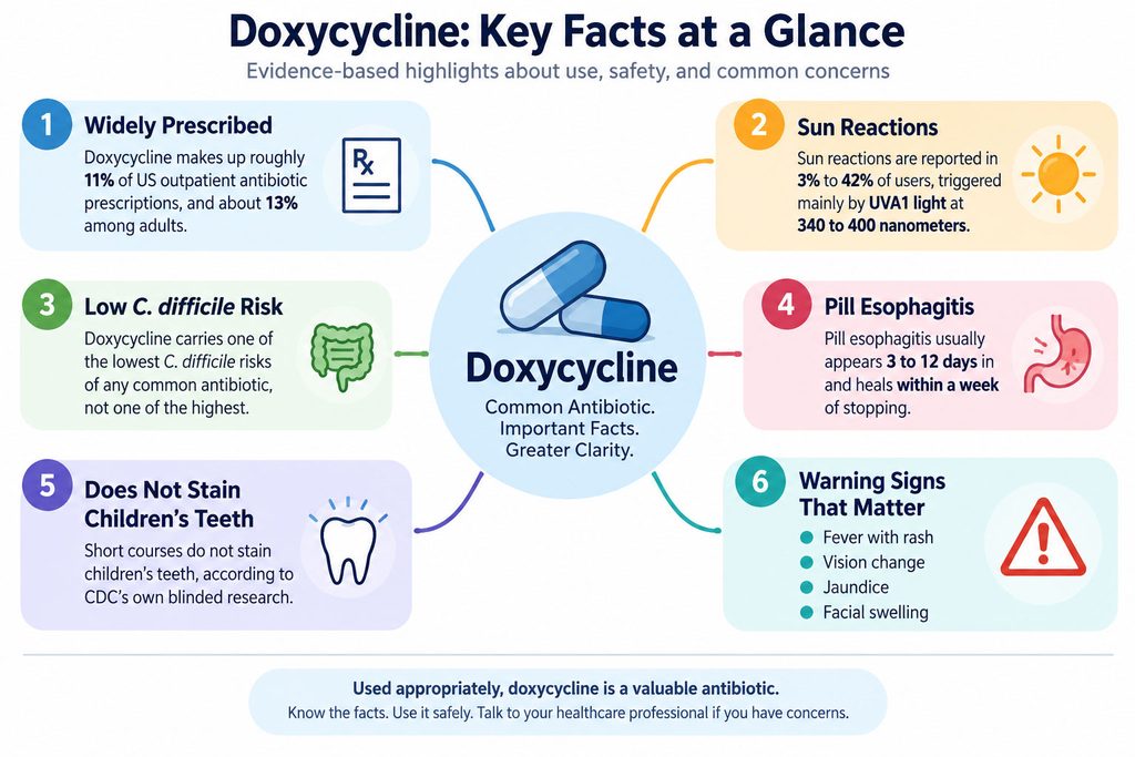 Infographic about Doxycycline, detailing its prescription rates, risks, and safety concerns with icons and statistics.