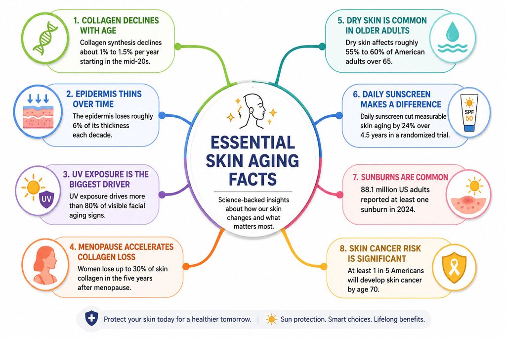 Infographic detailing essential skin aging facts, including collagen decline, UV exposure, and sun protection tips.