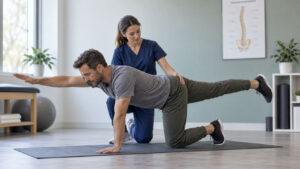 A man performs an exercise on a mat while a woman assists him in a therapy room.