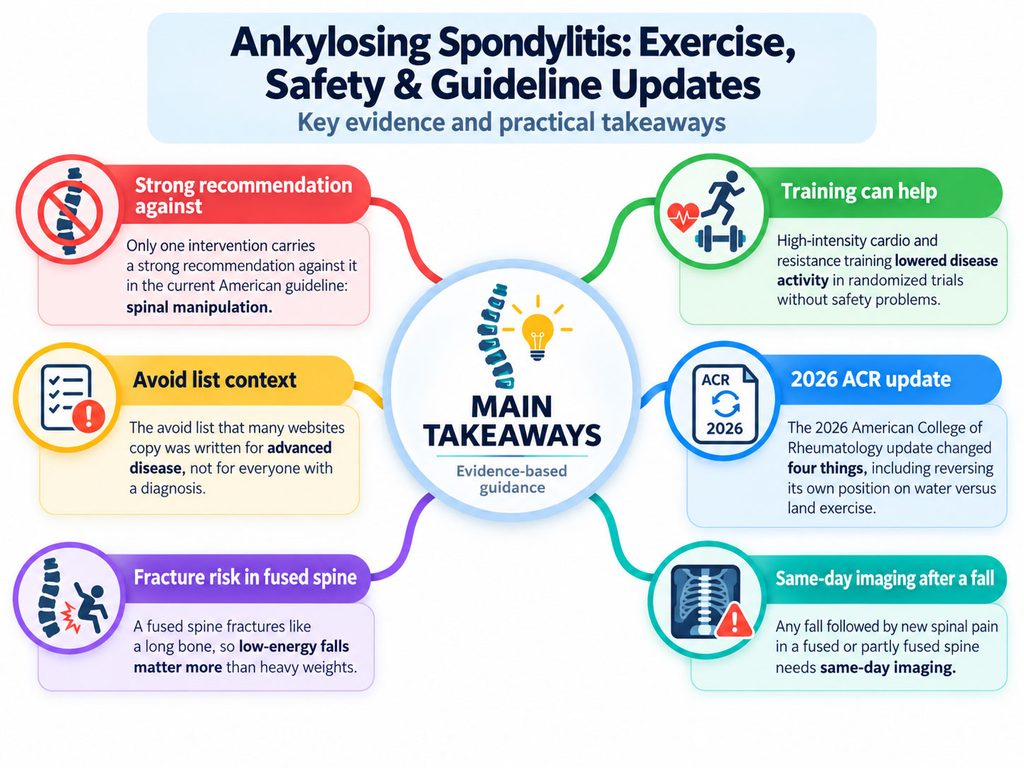 Infographic detailing ankylosing spondylitis exercise guidelines with key takeaways and recommendations.