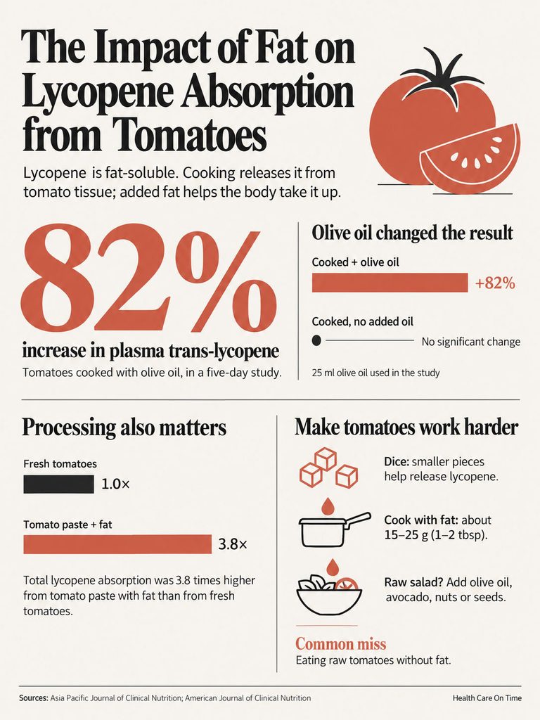 Infographic showing the impact of fat on lycopene absorption from tomatoes, including statistics and cooking methods.