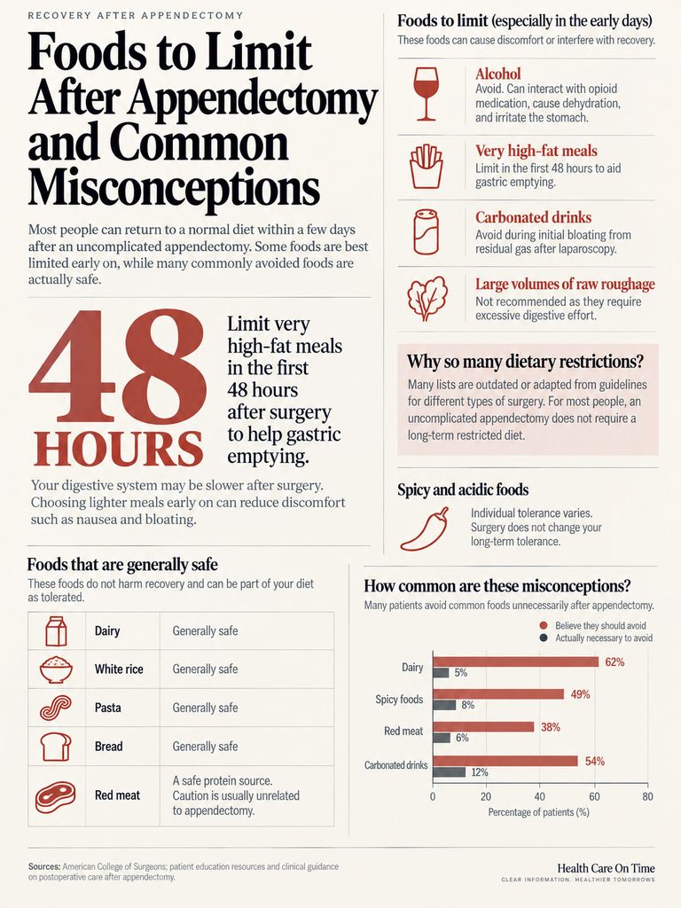 Infographic detailing foods to limit after appendectomy, including statistics and safe food options.