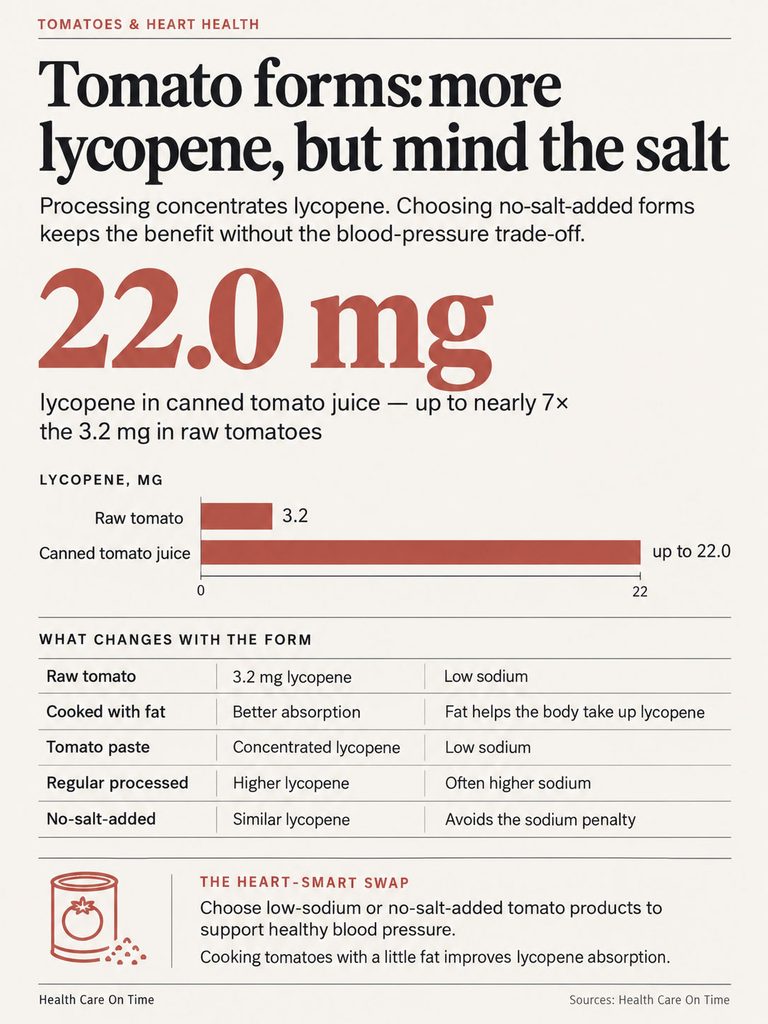 Infographic showing lycopene levels in tomato forms, highlighting 22.0 mg in canned juice versus 3.2 mg in raw tomatoes.