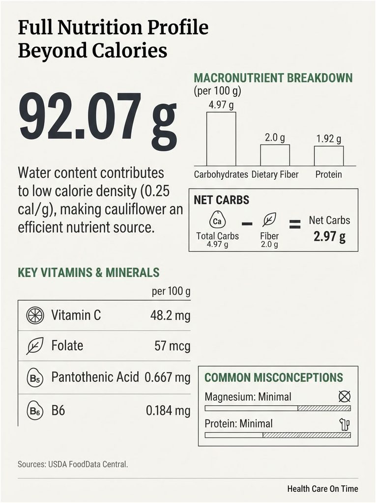 Infographic showing cauliflower's nutrition profile with macronutrient breakdown and key vitamins per 100g.