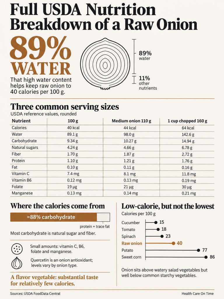 Infographic showing USDA nutrition breakdown of raw onion, highlighting 89% water and calorie content per serving size.