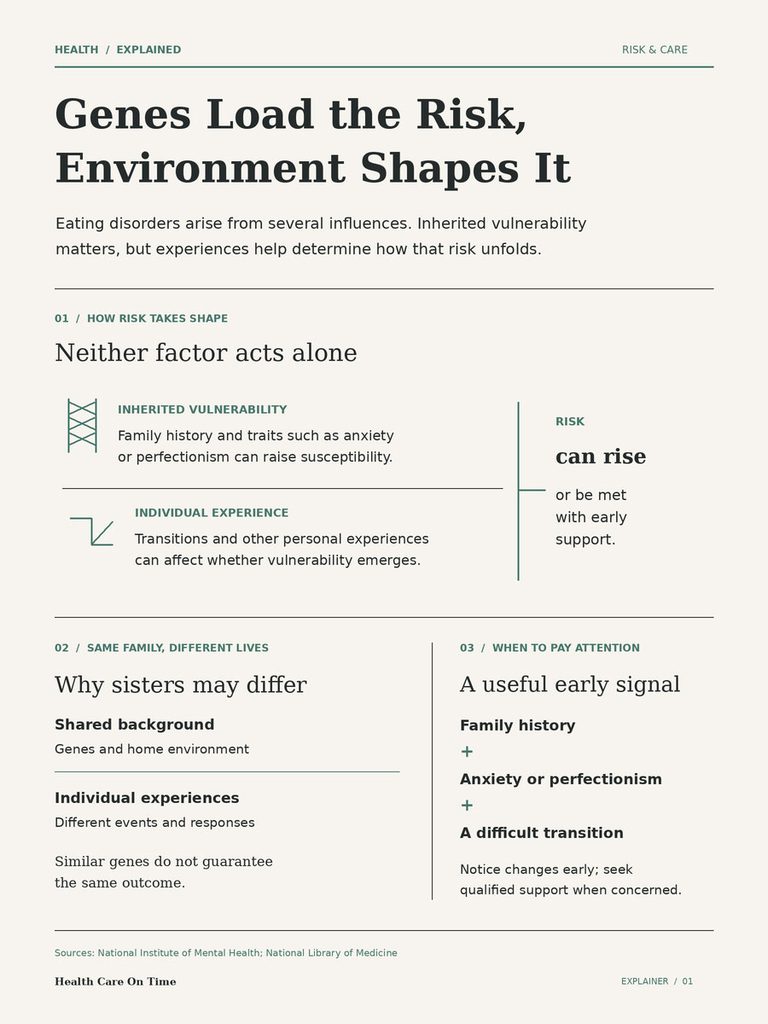 Infographic explaining the relationship between genetics and environment in eating disorders, featuring sections on risk factors and individual experiences.