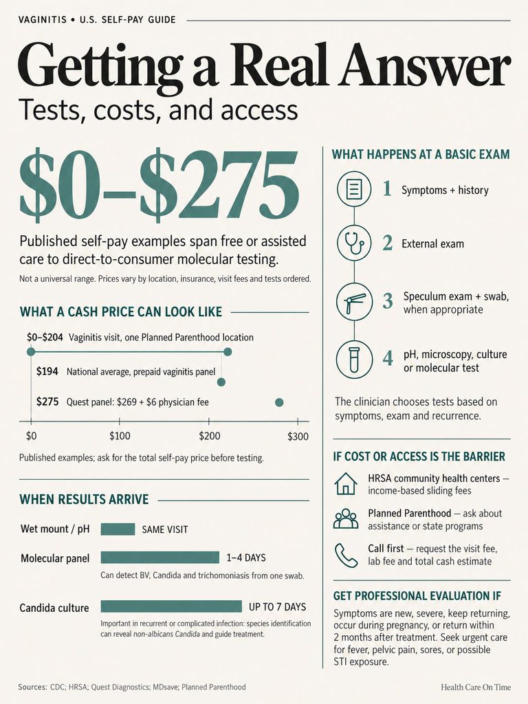 Infographic detailing vaginitis testing costs, procedures, and timelines for results, including charts and icons.