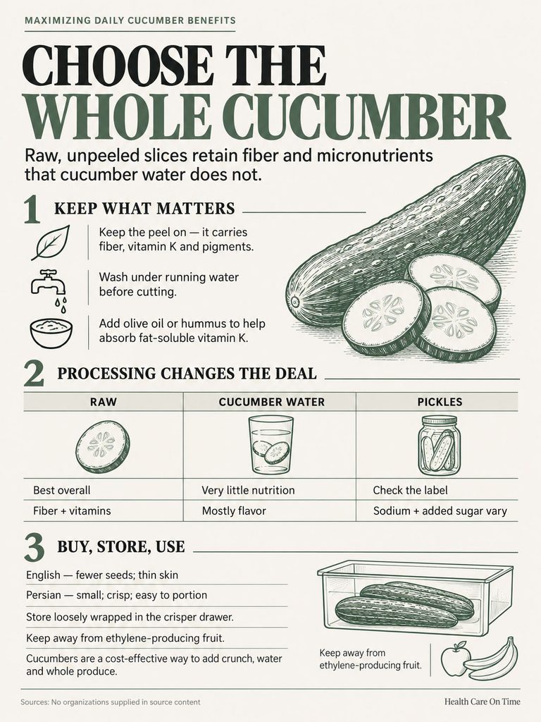 Infographic showing benefits of whole cucumbers, including tips on keeping the peel and storing cucumbers.