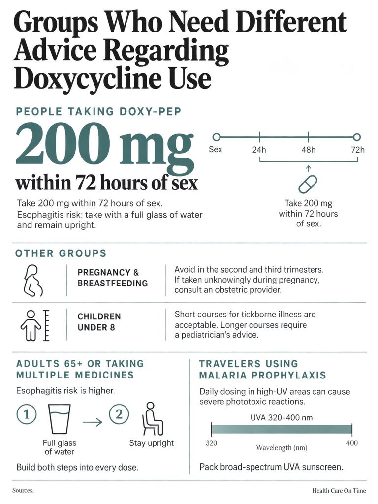 Infographic detailing Doxycycline use advice for specific groups, including dosage and precautions for various conditions.