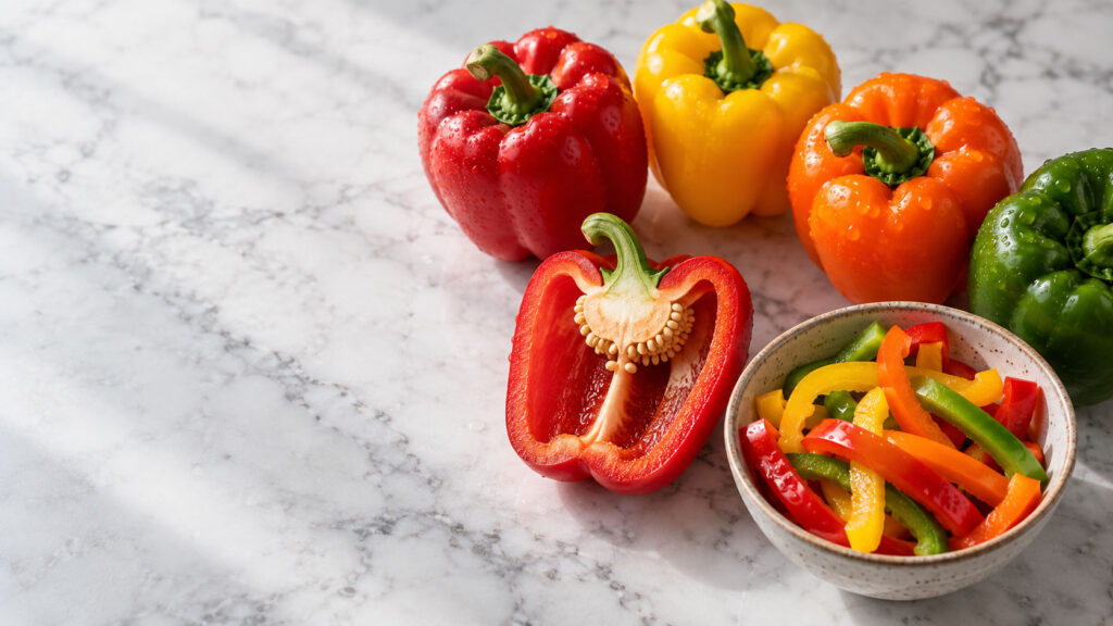 Freshly sliced red bell pepper next to whole colorful peppers and a bowl of mixed bell pepper strips on marble surface.