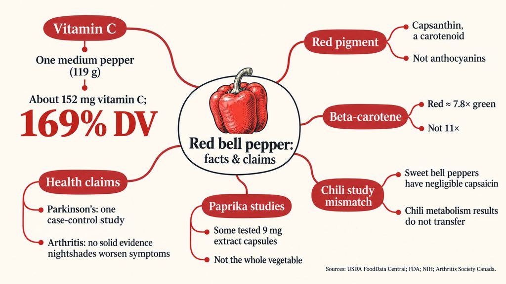 Infographic showing red bell pepper facts, including vitamin C content, health claims, and pigment information.