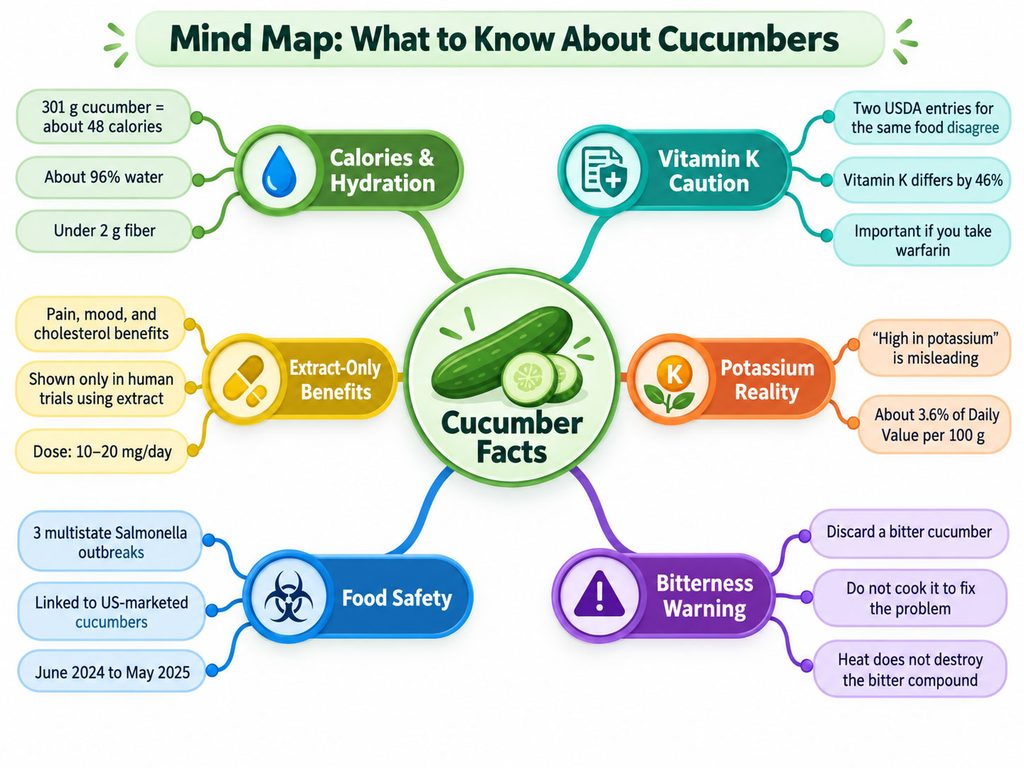 Mind map detailing cucumber facts including calories, hydration, benefits, and food safety warnings. Infographic.