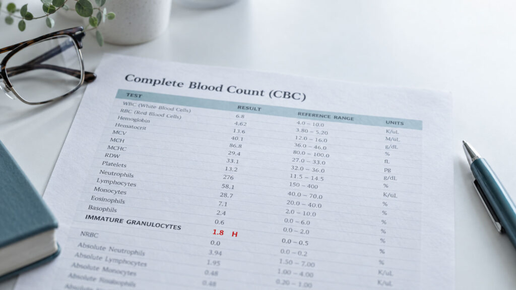 A complete blood count report with glasses and a pen on a desk.