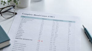 A complete blood count report with glasses and a pen on a desk.