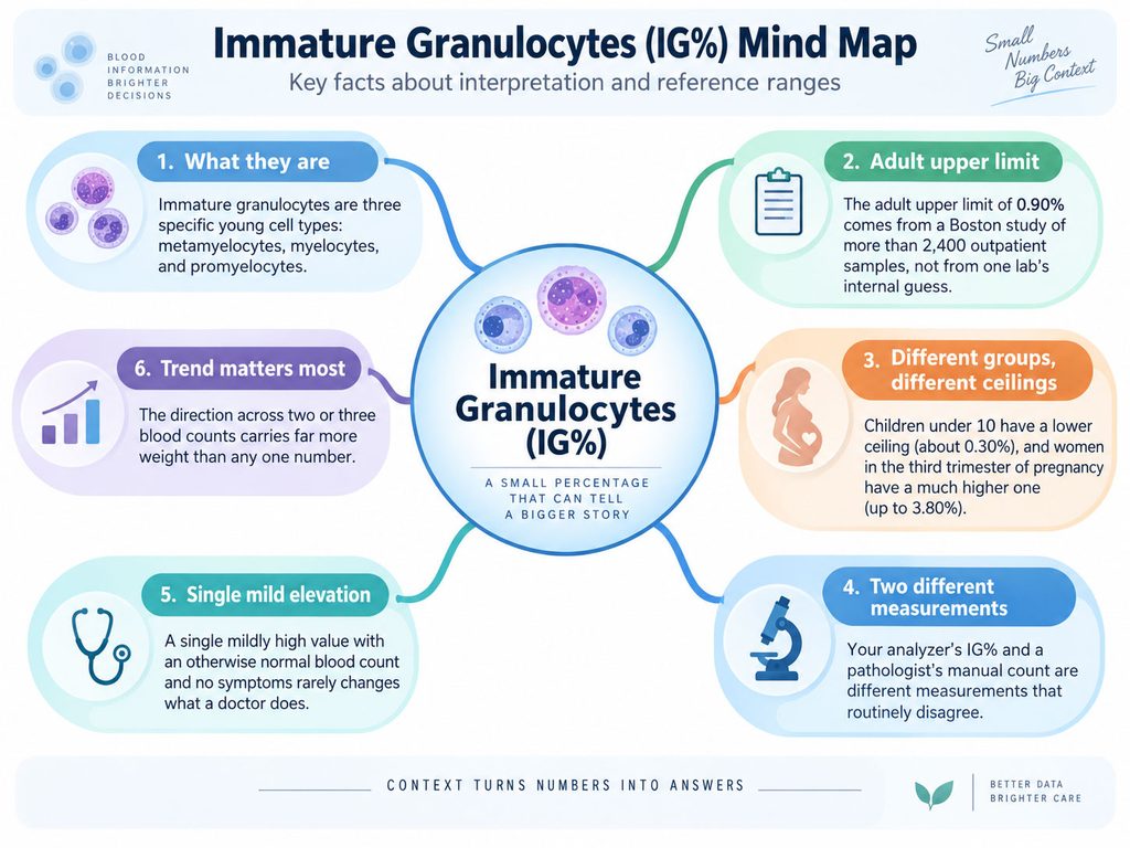 Infographic explaining immature granulocytes (IG%) with key facts and reference ranges, including charts and icons.