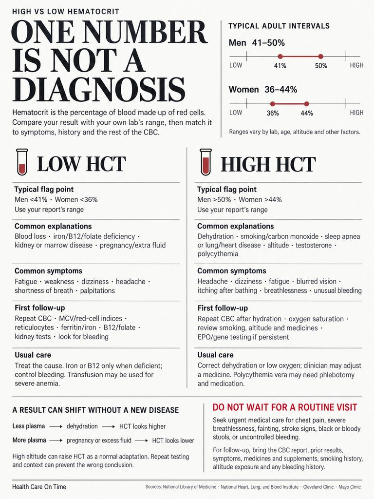 Infographic comparing low and high hematocrit levels, including symptoms, follow-up, and usual care.