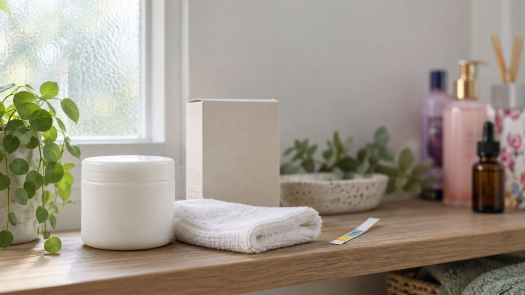 A white jar, towel, and box sit on a wooden shelf with plants and beauty products in a bright room.