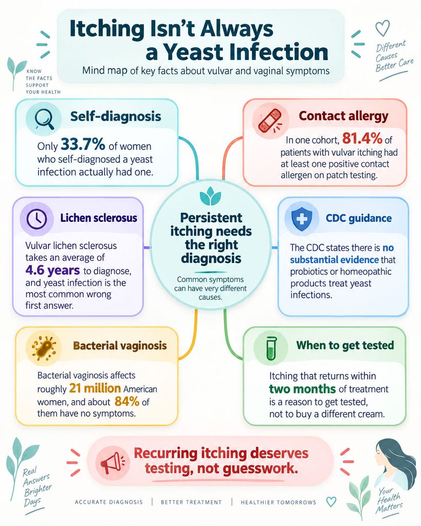 Mind map infographic explaining vulvar and vaginal symptoms, including self-diagnosis statistics and treatment guidance.
