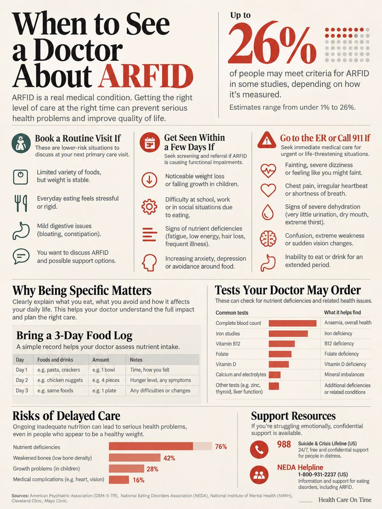 Infographic detailing when to see a doctor about ARFID, including symptoms and care recommendations.