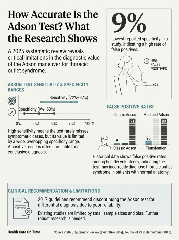 Infographic showing Adson test accuracy, sensitivity, specificity, false positive rates, and clinical recommendations.