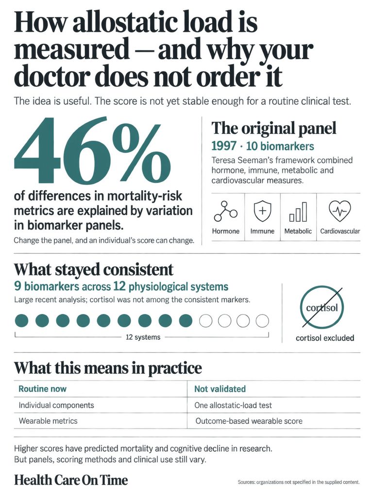 Infographic explaining allostatic load measurement, showing 46% variation in mortality-risk metrics and biomarkers.
