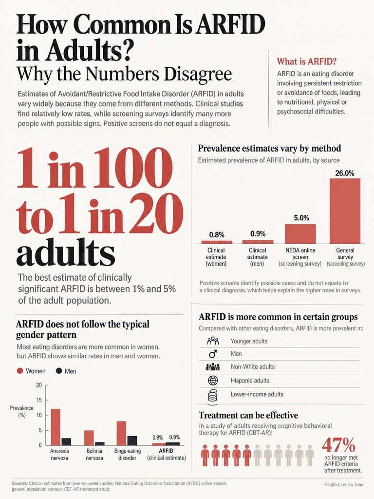 Infographic showing ARFID prevalence in adults, with statistics and gender patterns in eating disorders.