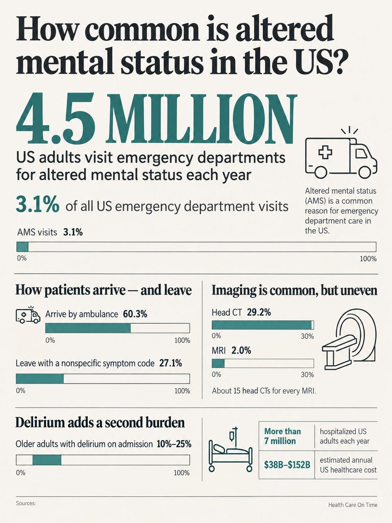 Infographic showing statistics on altered mental status in the US, including 4.5 million annual emergency visits and patient arrival data.