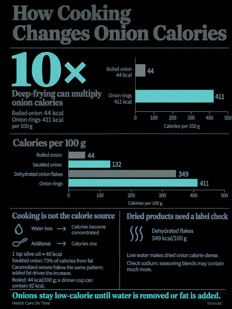 Infographic showing how cooking methods affect onion calories, including boiled, sautéed, and dehydrated onions.