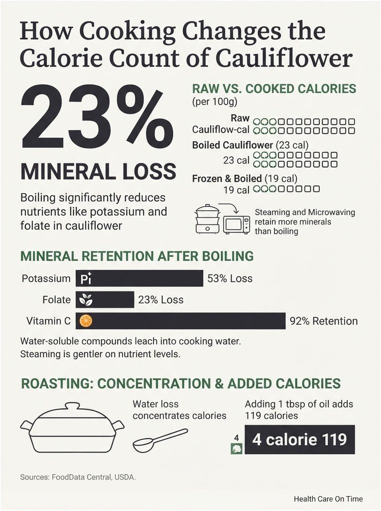Infographic showing the calorie count and mineral loss of cauliflower when cooked, including charts and data points.